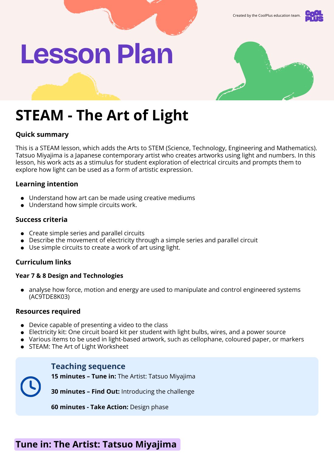 First page of STEAM: The Art of Light Lesson Plan