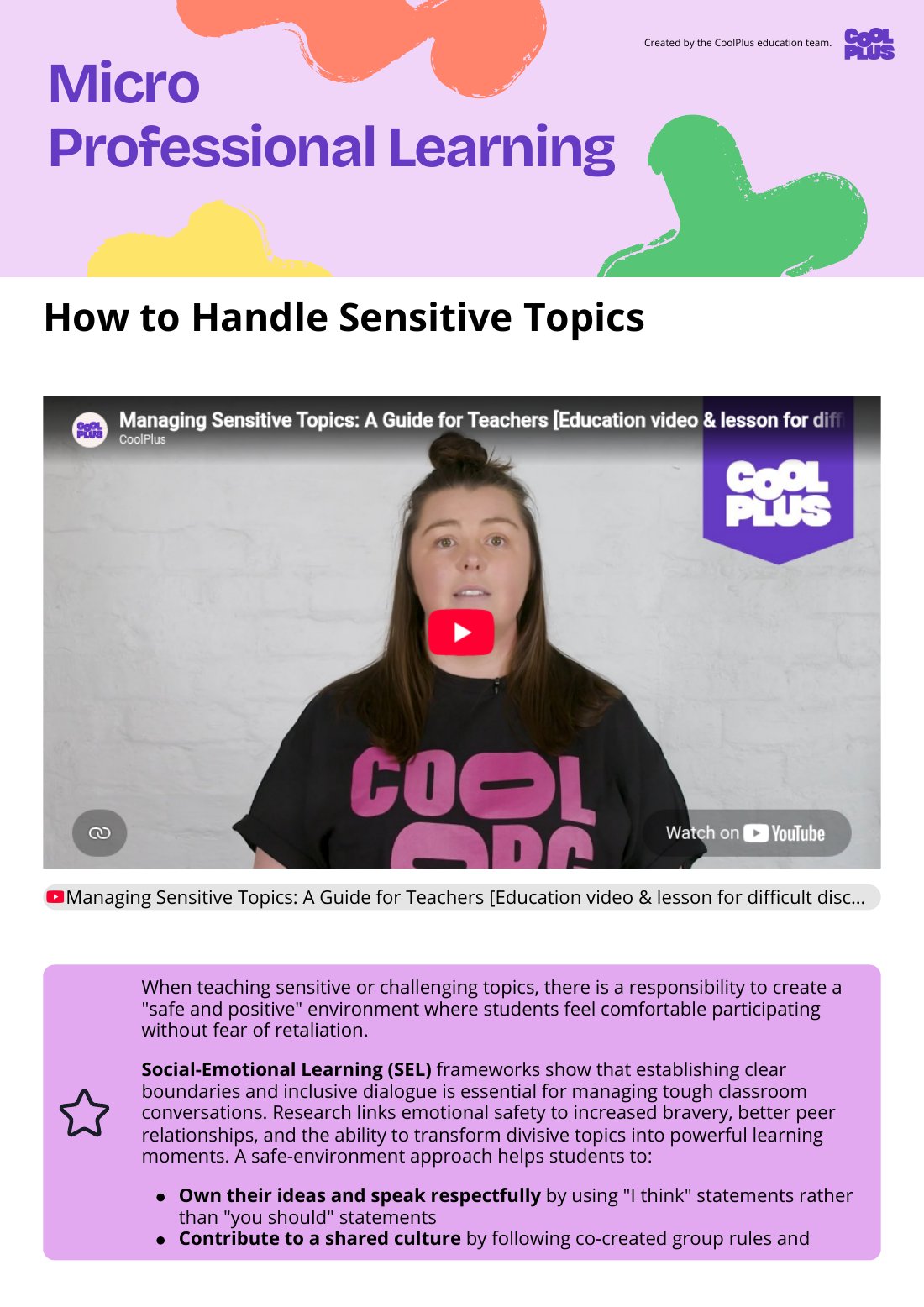 First page of Professional Learning How to Handle Sensitive Topics Worksheet