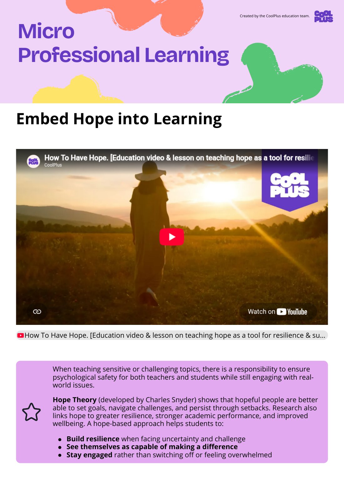 First page of Professional Learning Embed Hope into Learning Worksheet
