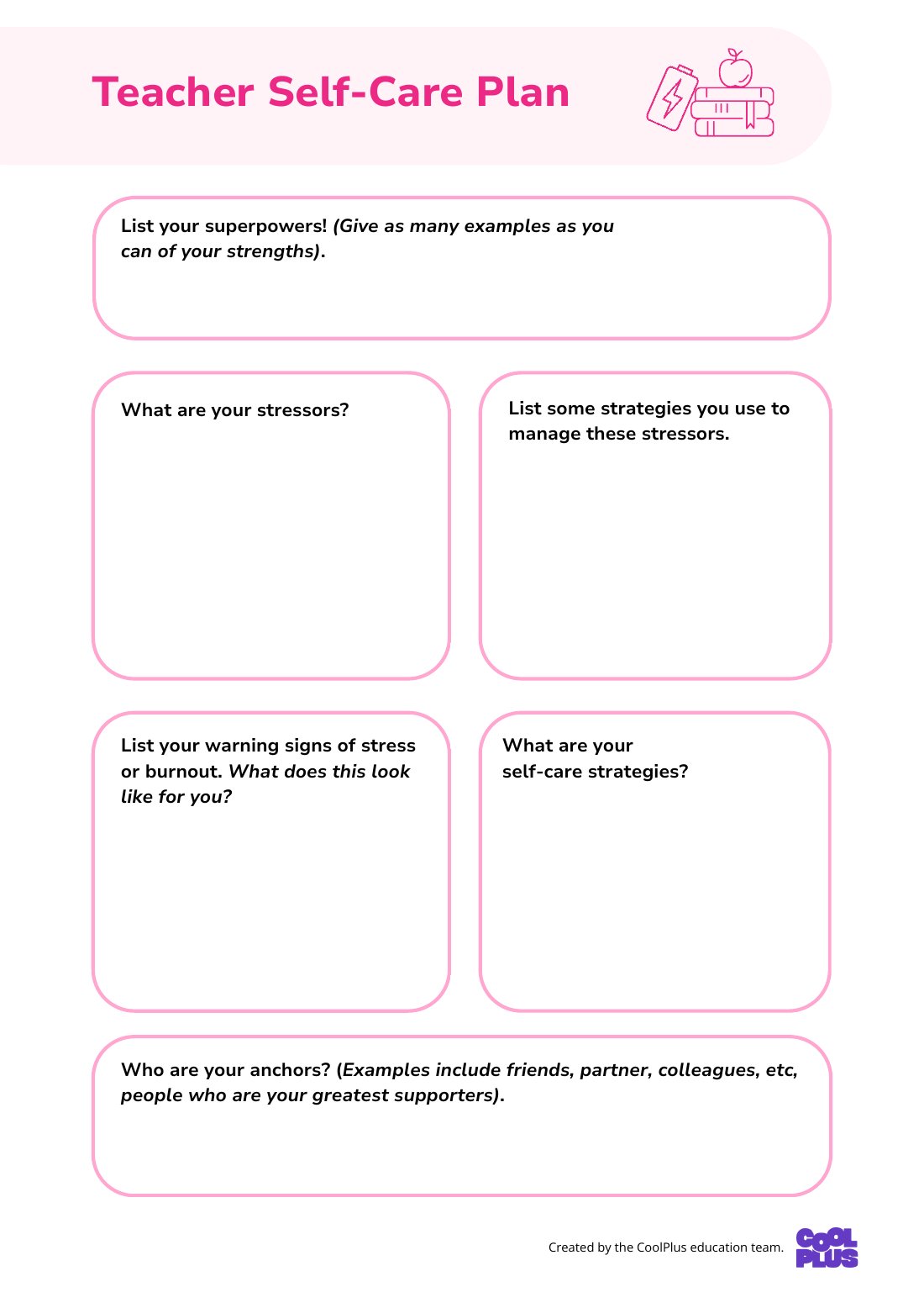 First page of Teacher Self Care Plan Digital Worksheet