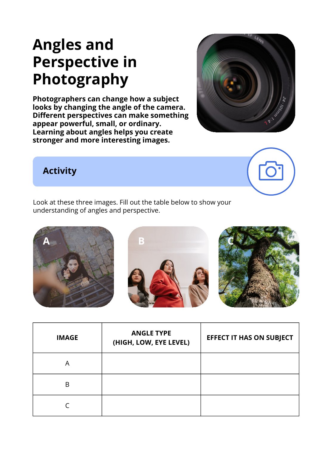 First page of Angles and Perspective in Photography Worksheet