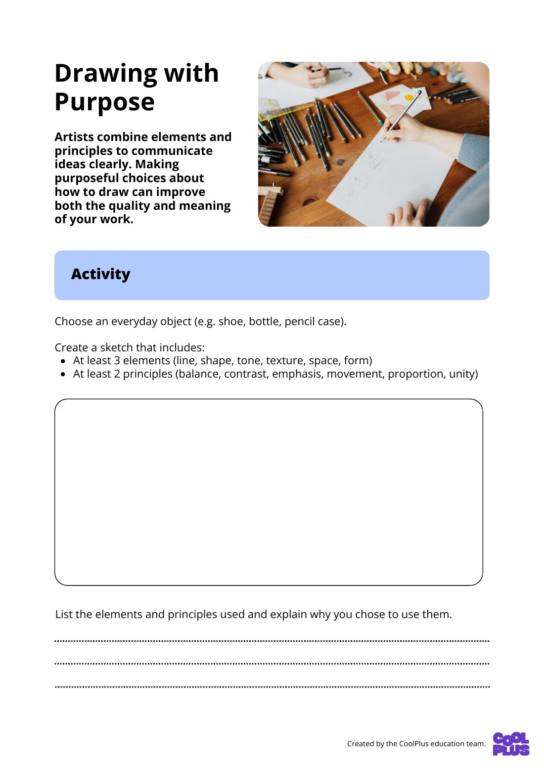 First page of Drawing with Purpose Worksheet