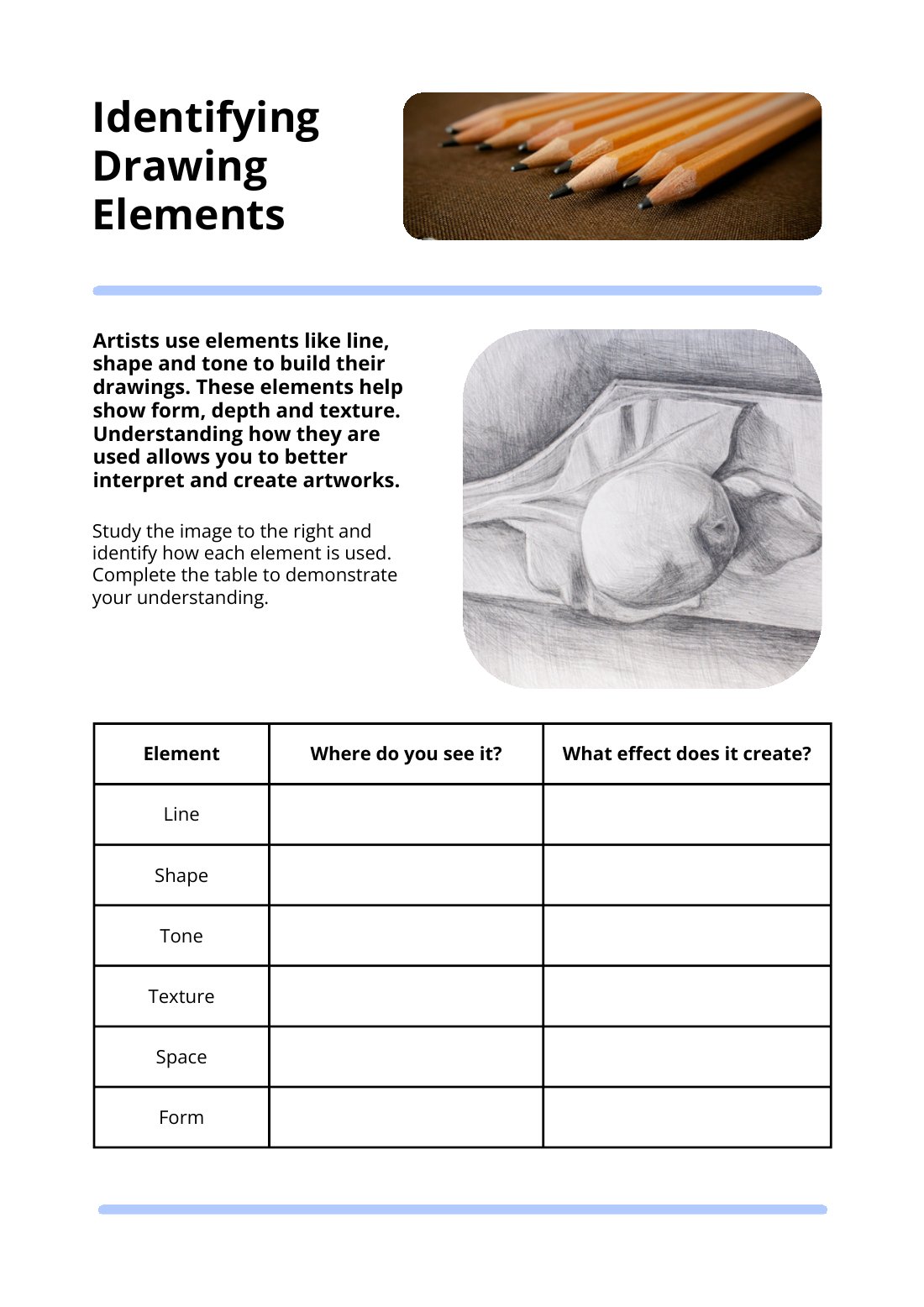 First page of Identifying Drawing Elements Worksheet