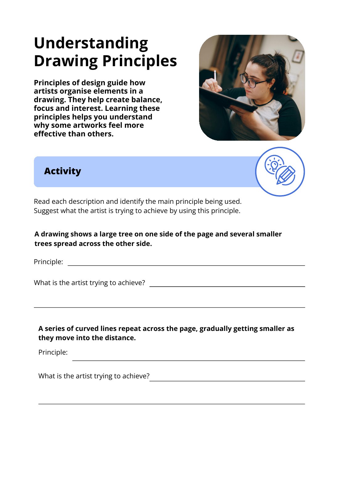 First page of Understanding Drawing Principles Worksheet
