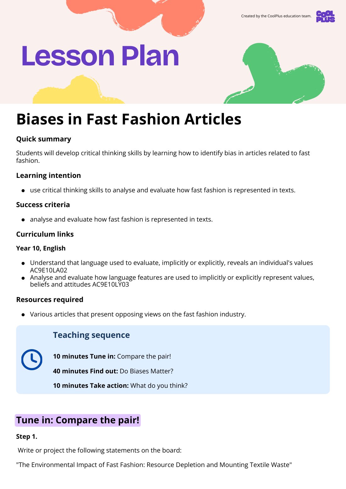 First page of Biases in Fast Fashion Articles Worksheet