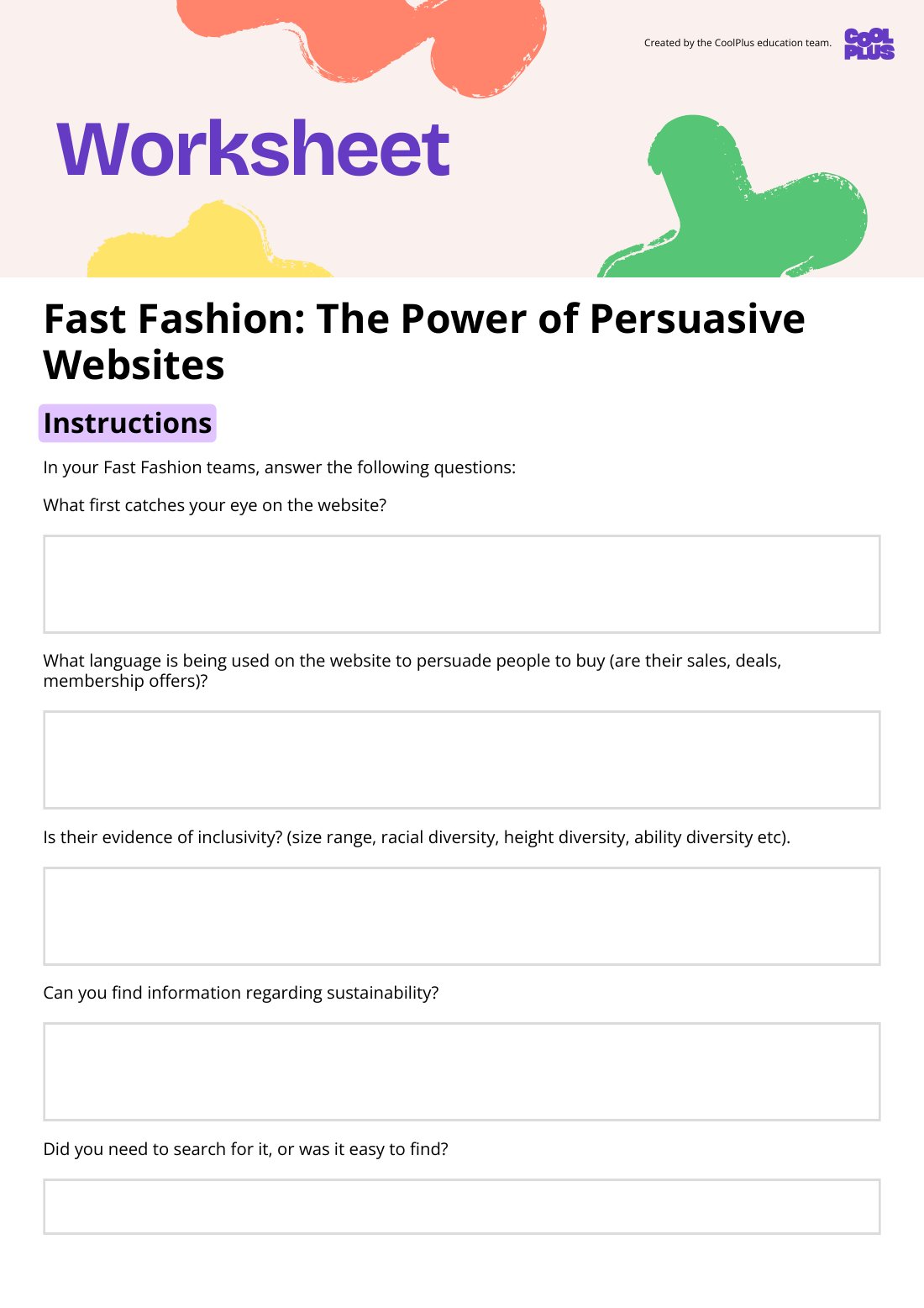First page of Fast Fashion: The Power of Persuasive Websites Worksheet