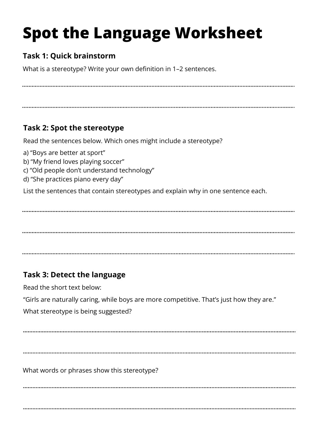 First page of Spot the Language Worksheet