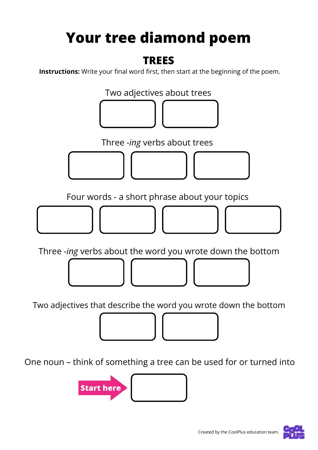 First page of Your Tree Diamond Poem Worksheet