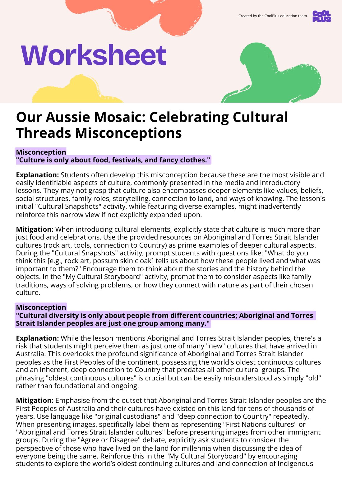 First page of Our Aussie Mosaic: Celebrating Cultural Threads Misconceptions Worksheet