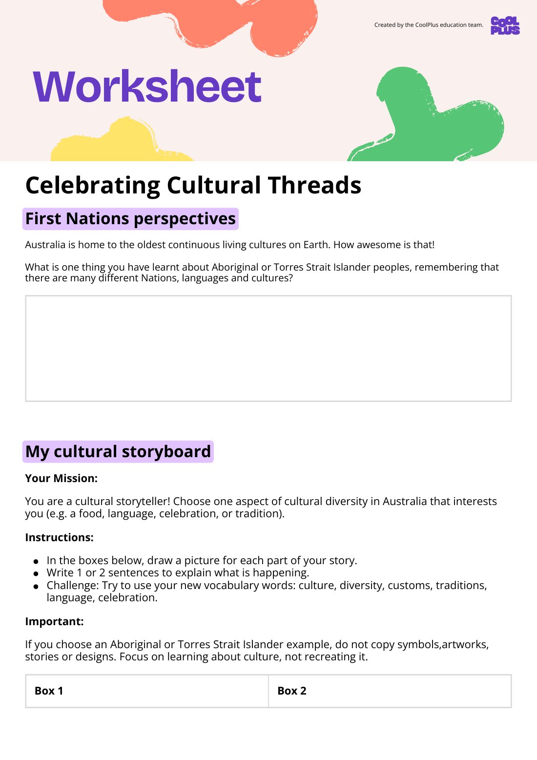 First page of Celebrating Cultural Threads Worksheet
