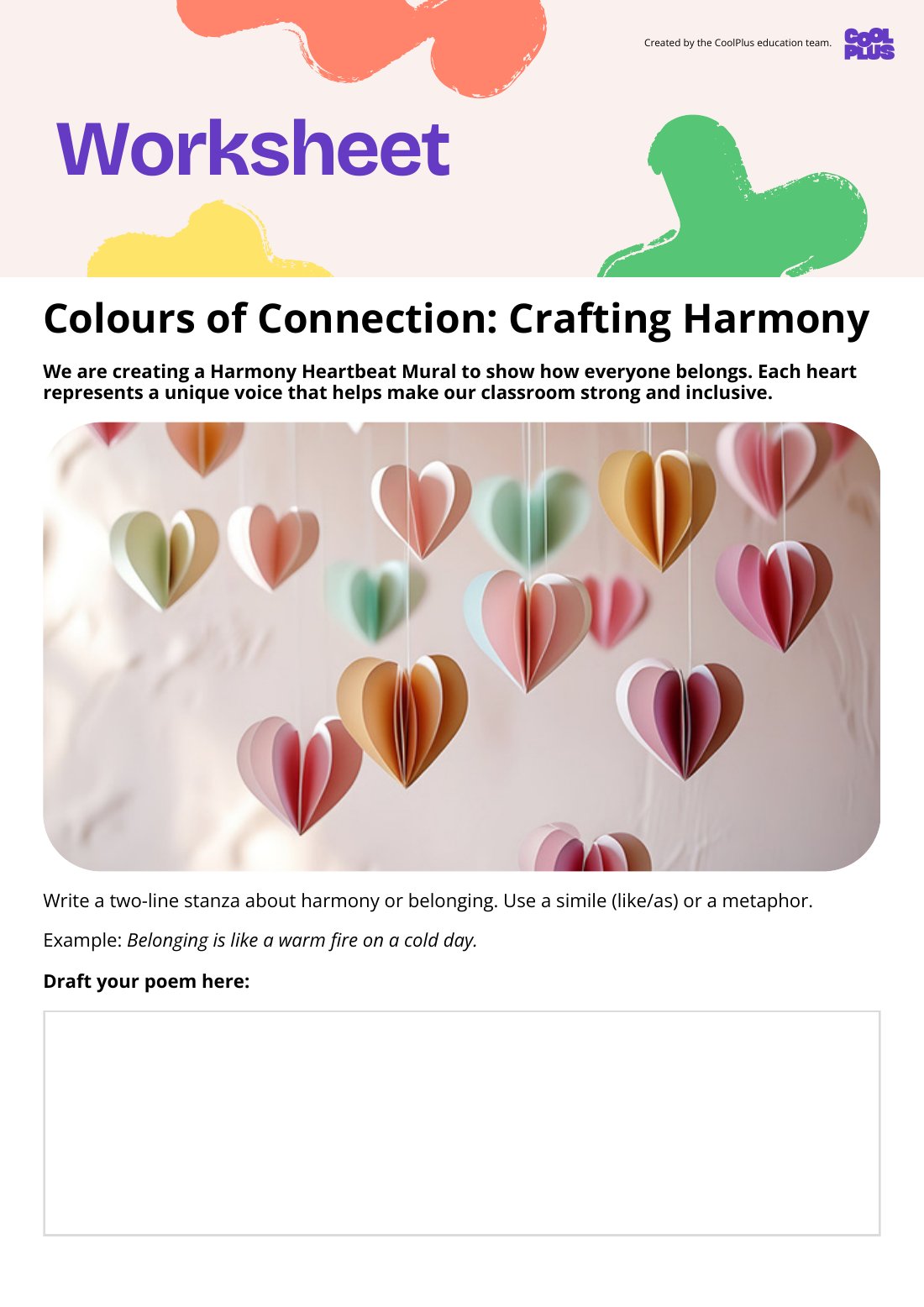 First page of Colours of Connection Crafting Harmony Worksheet
