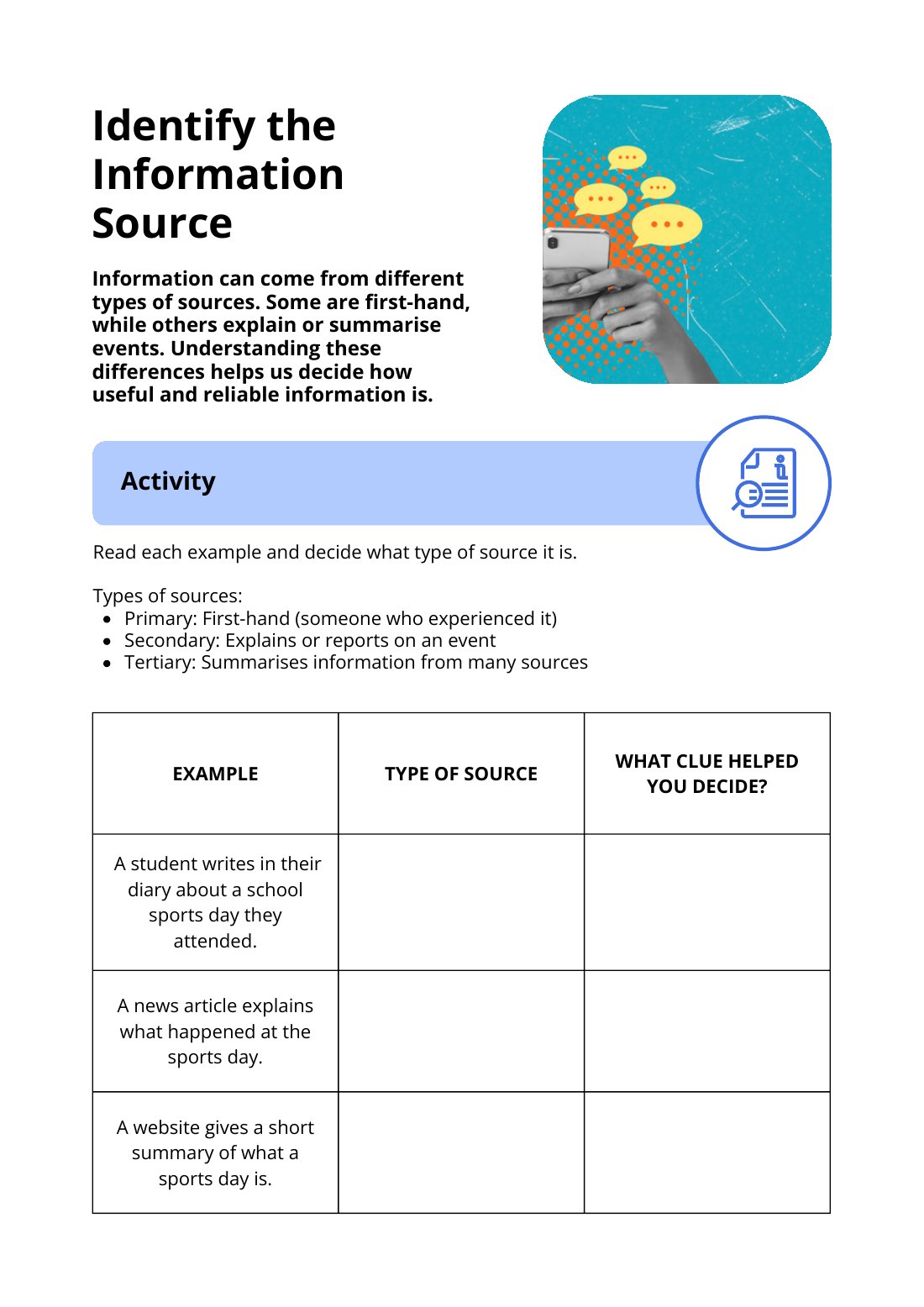 First page of Identify the Information Source Worksheet