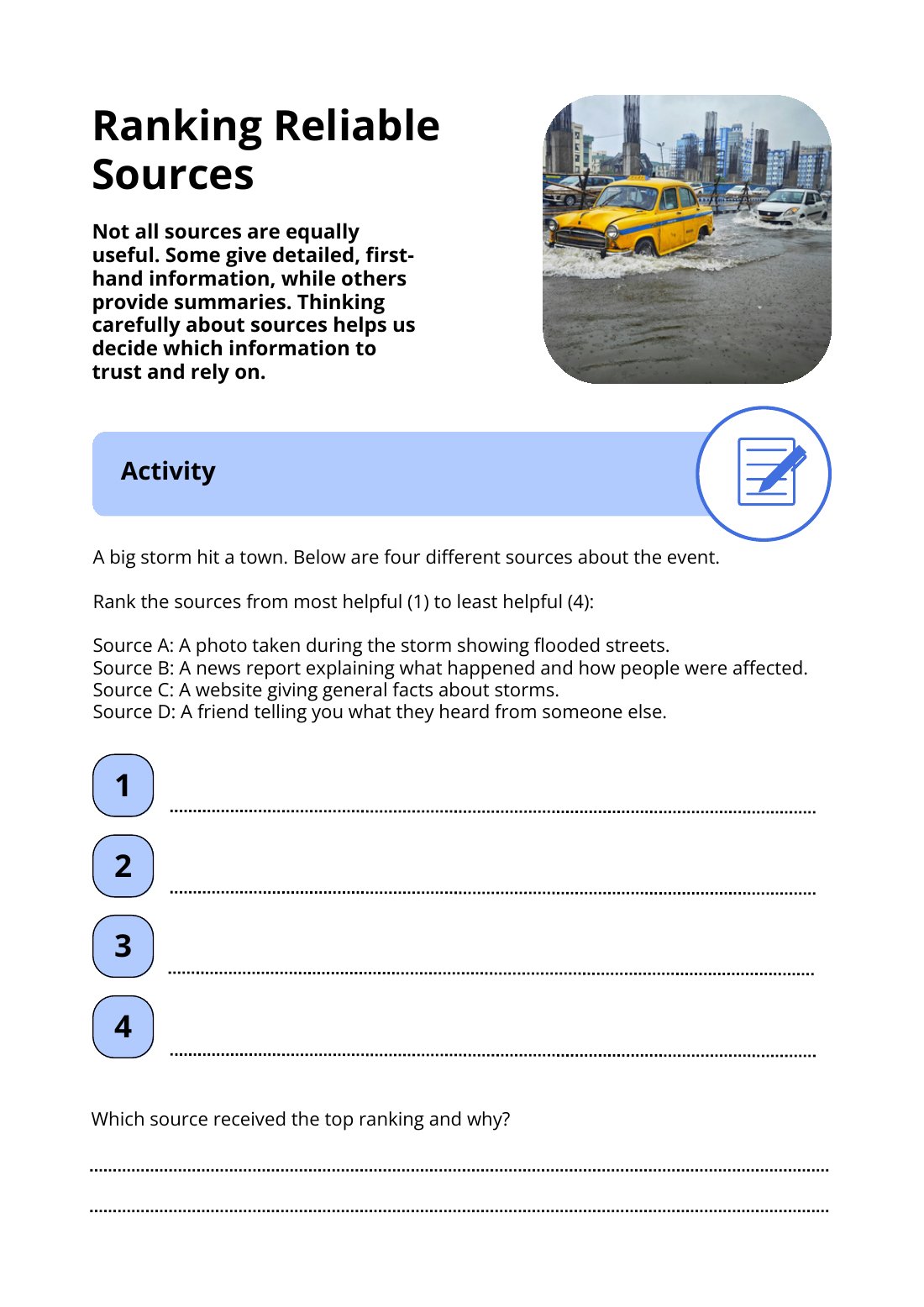First page of Ranking Reliable Sources Worksheet