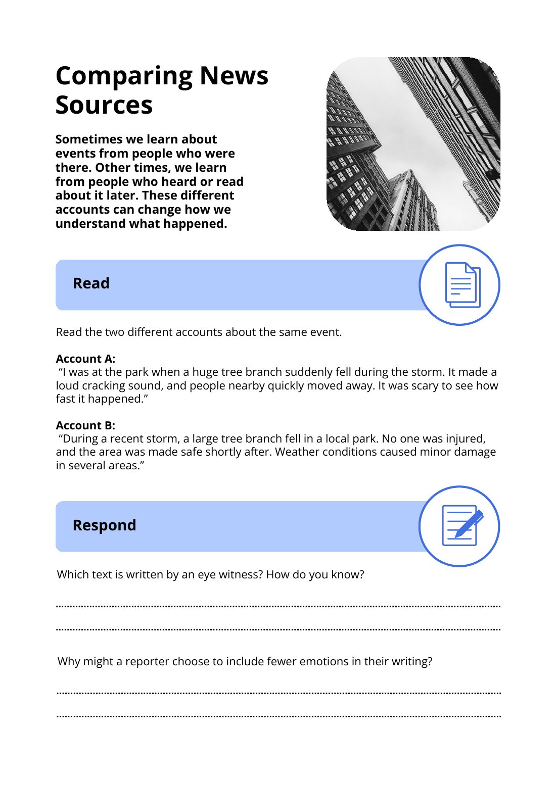 First page of Comparing News Sources Worksheet