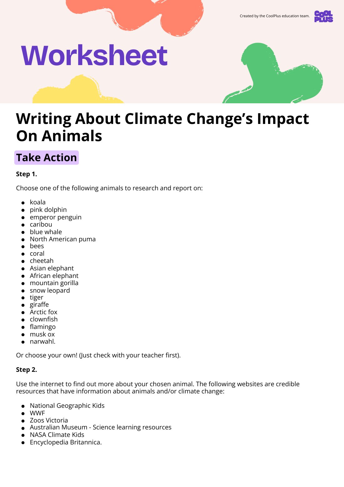 First page of Writing About Climate Changes Impact On Animals Worksheet