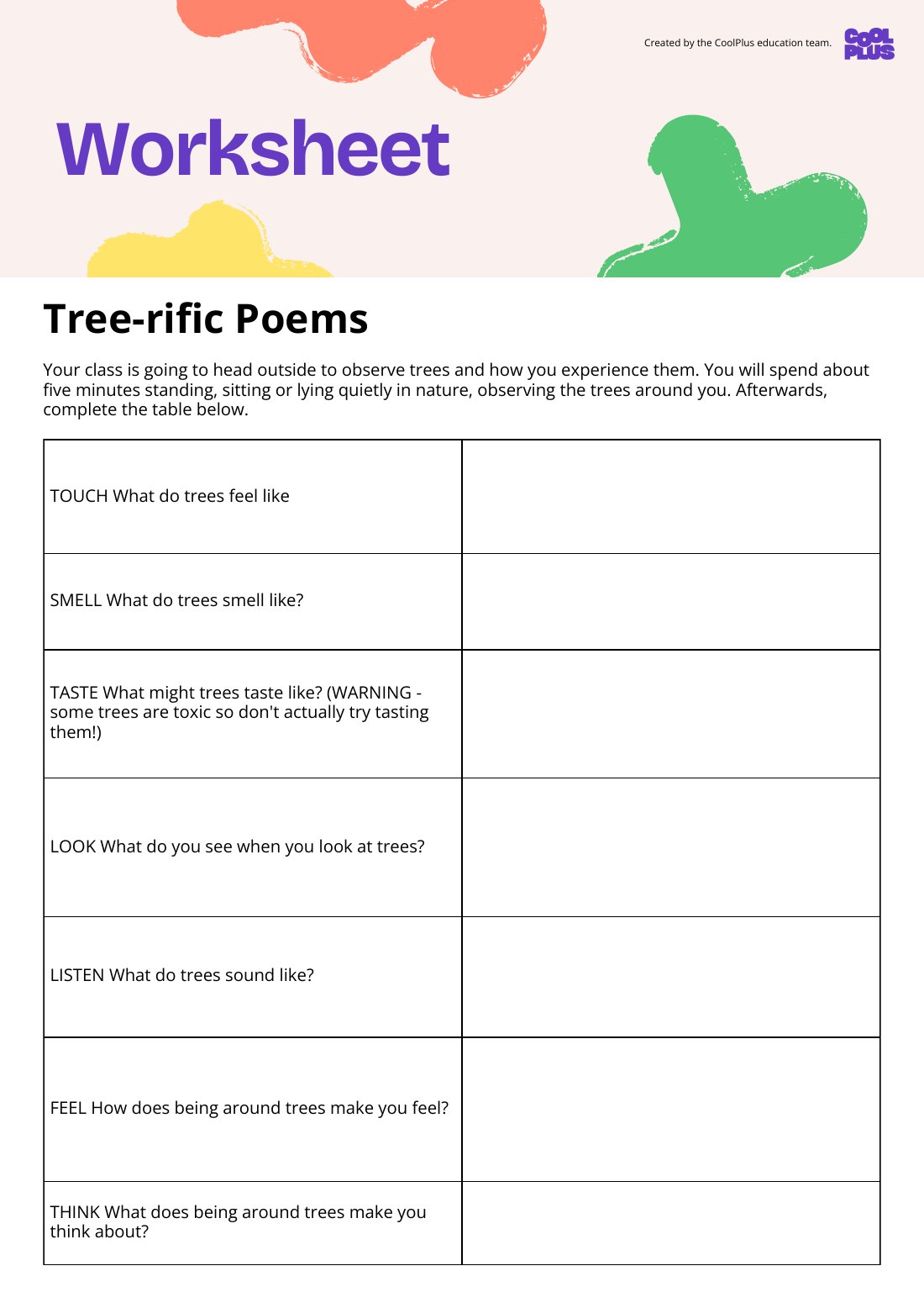 First page of Tree-rific Poems Worksheet
