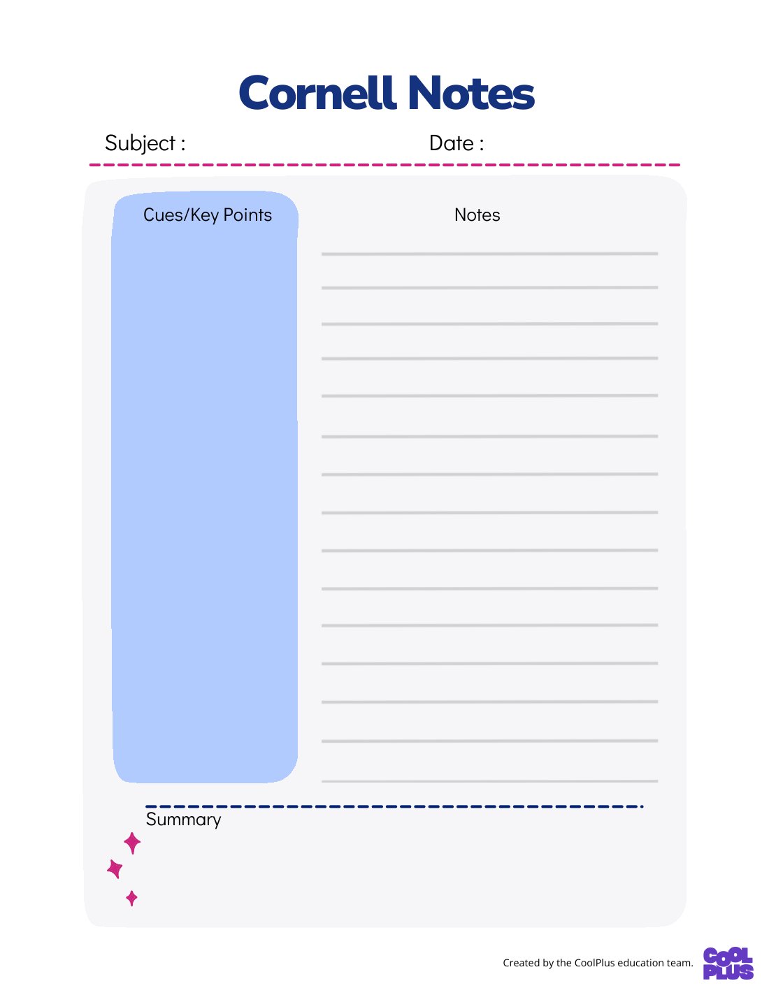 First page of Cornell Note Taking Template English Worksheet