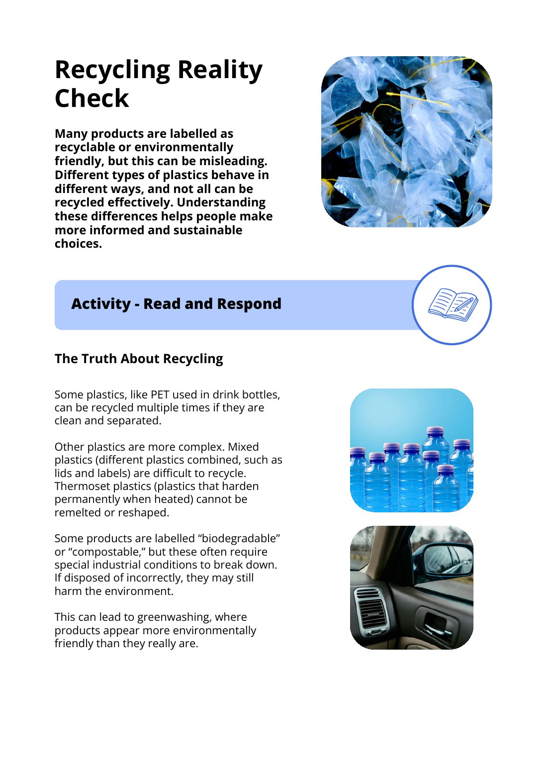 First page of Recycling Reality Check Worksheet