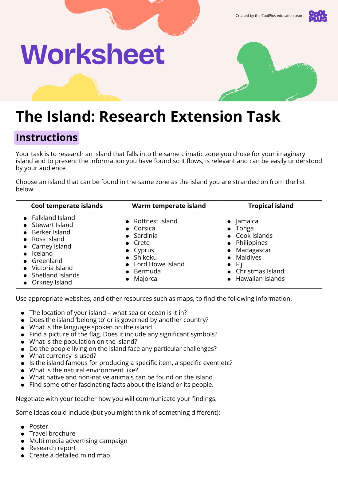 First page of The Island: Research Extension Task Worksheet