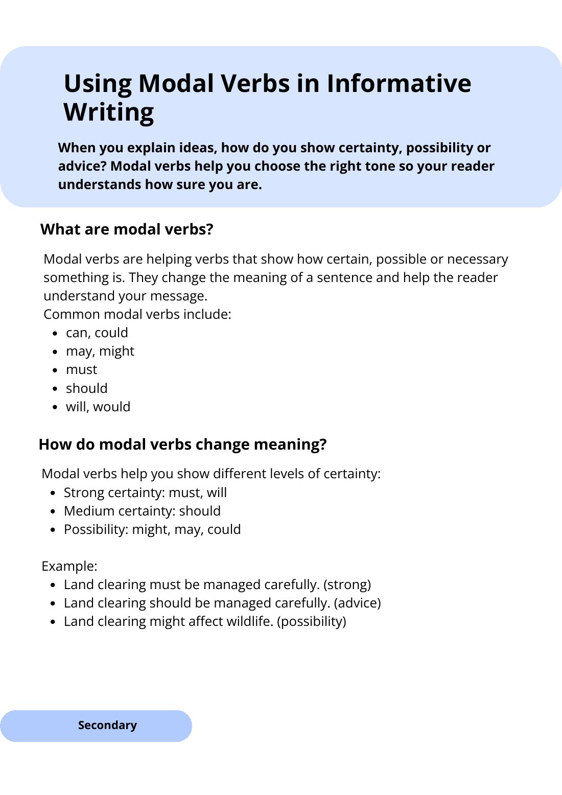 First page of Using Modal Verbs in Informative Writing Worksheet