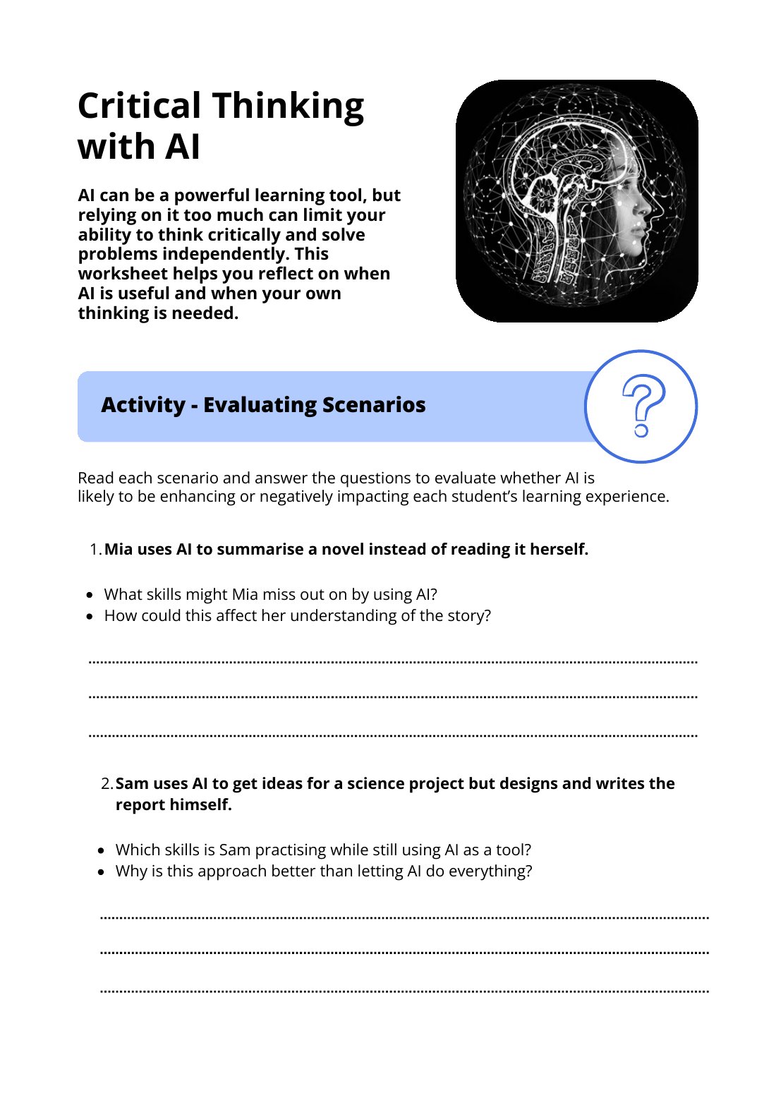 First page of Critical Thinking with AI Worksheet