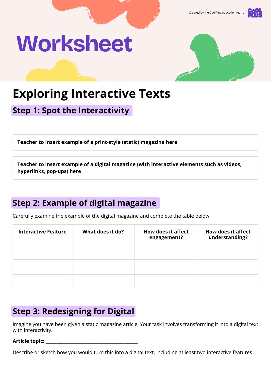 First page of Exploring Interactive Texts Student Worksheet