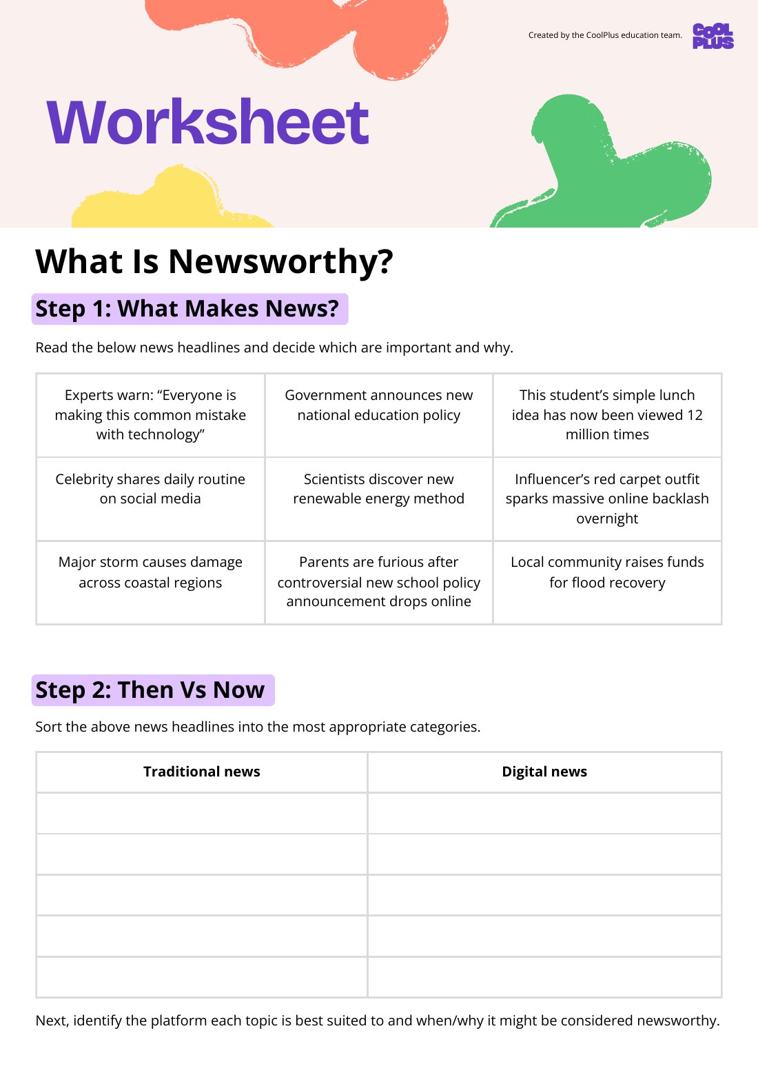 First page of What Is Newsworthy? Student Worksheet