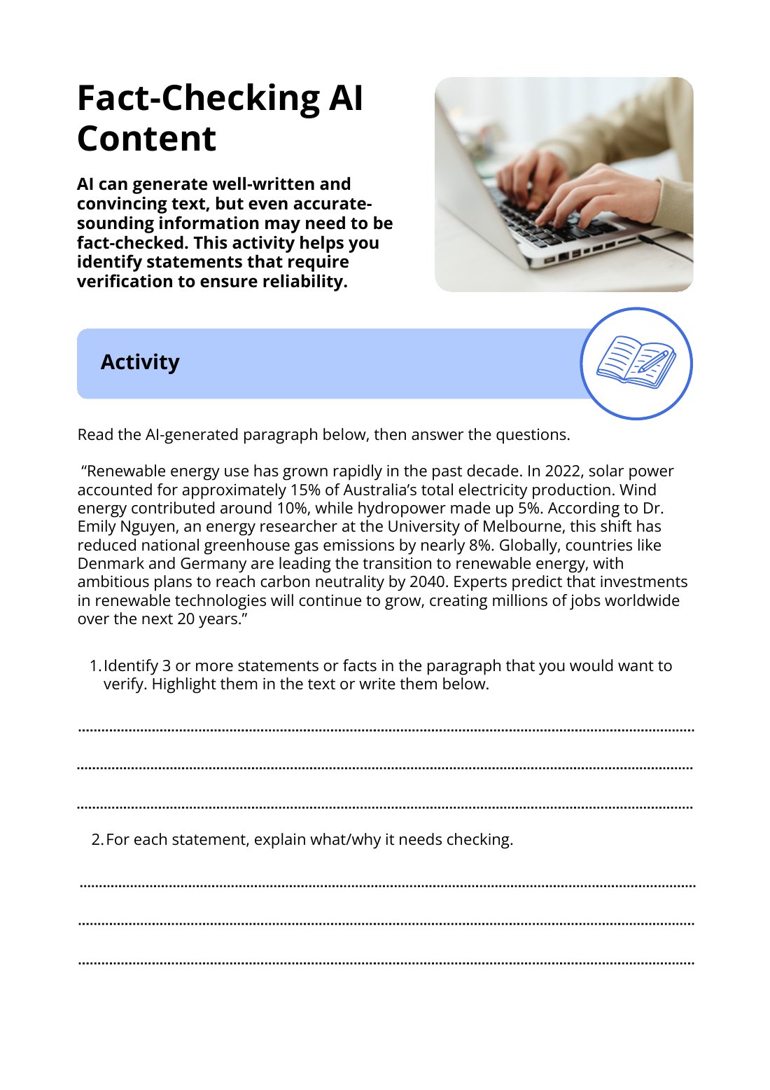 First page of Fact-Checking AI Content Worksheet