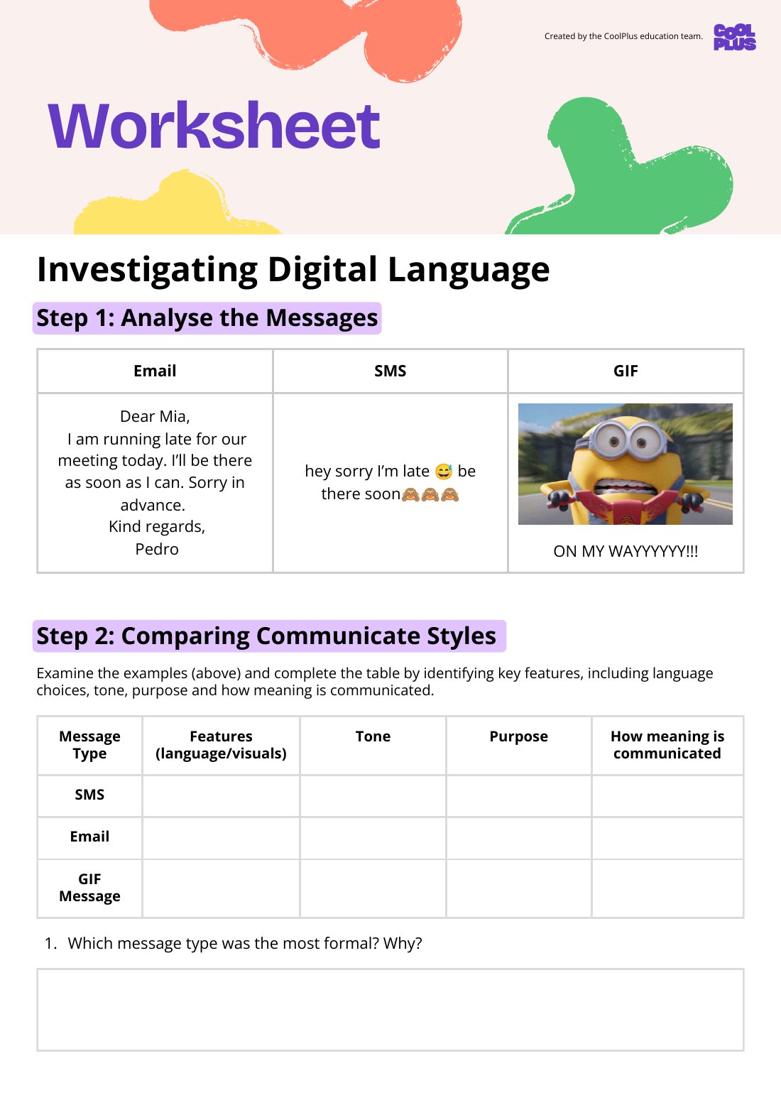 First page of Investigating Digital Language Student Worksheet