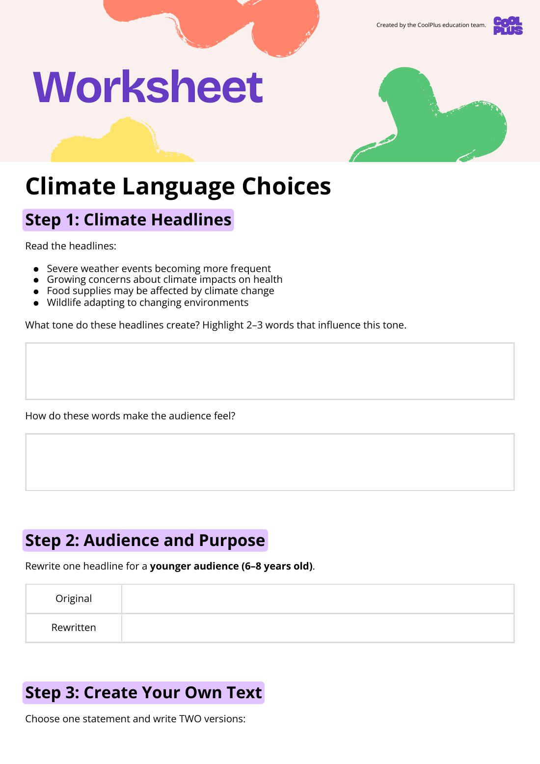 First page of Climate Language Choices Student Worksheet