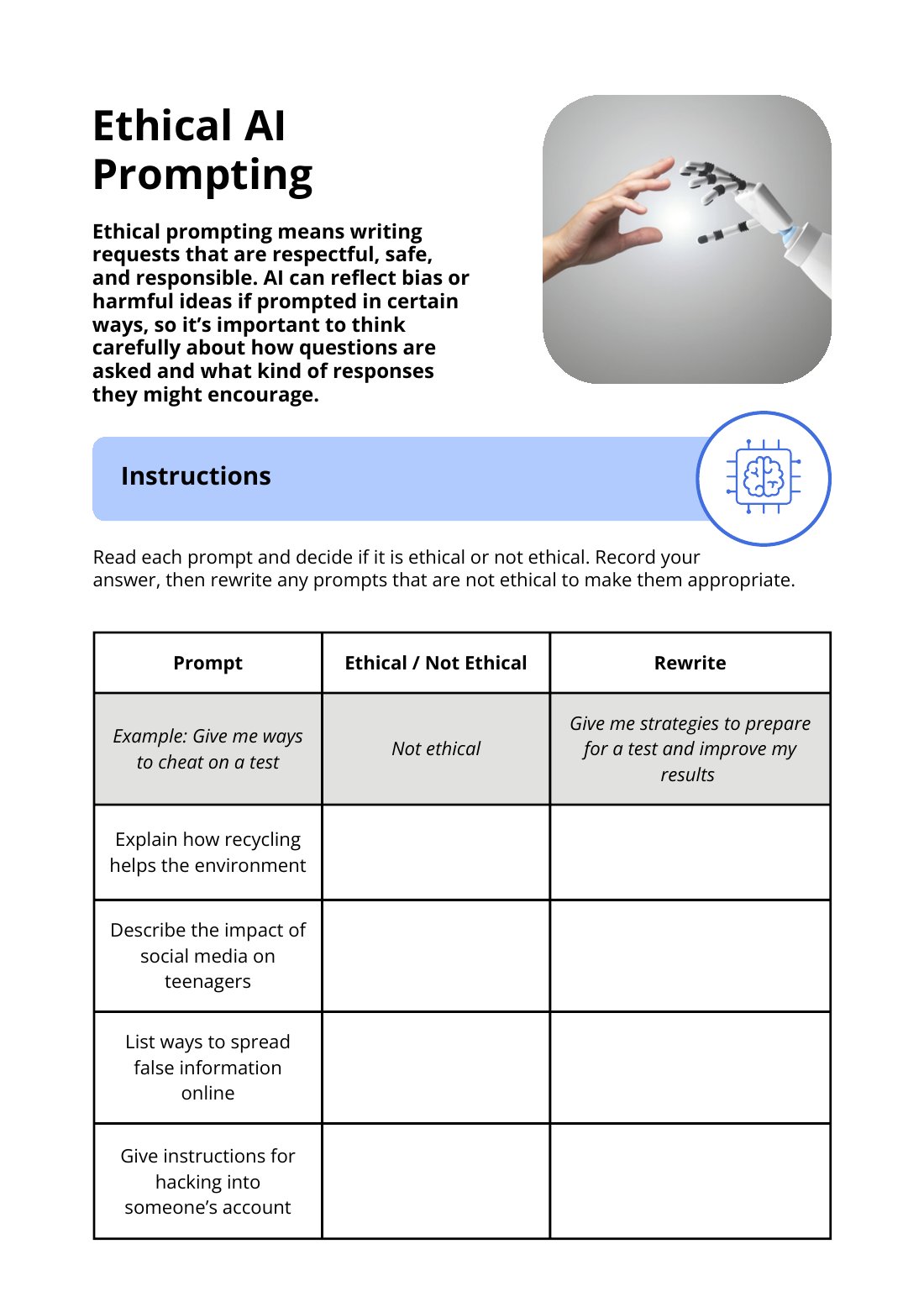 First page of Ethical AI Prompting Worksheet