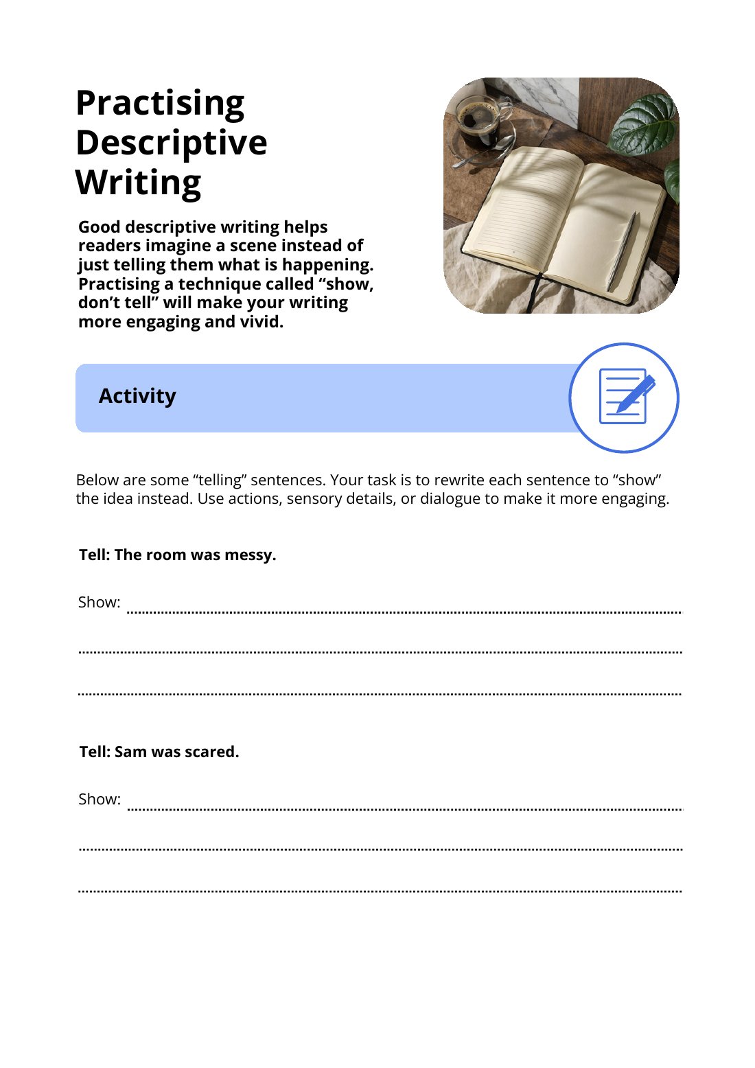 First page of Practising Descriptive Writing Worksheet