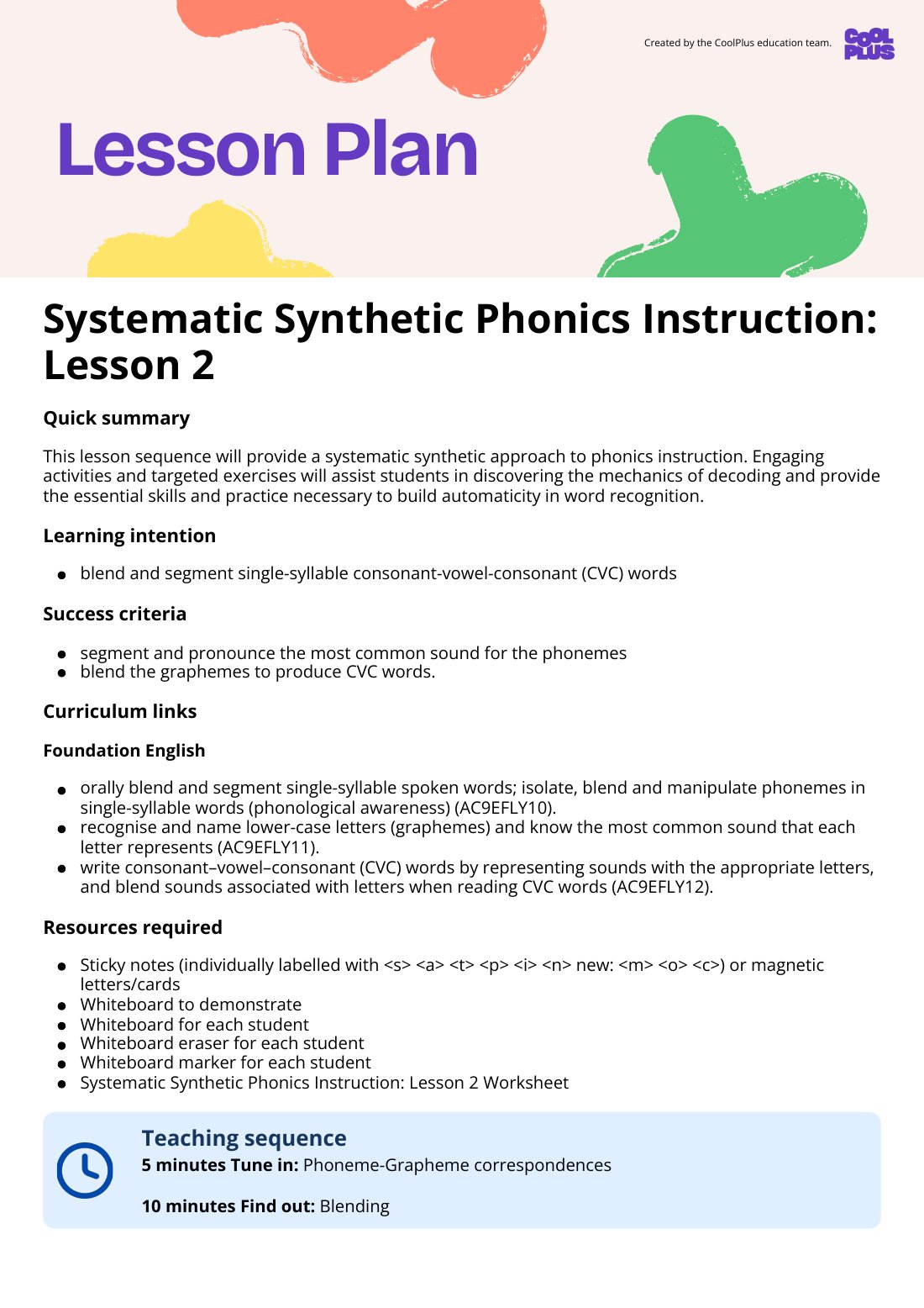 First page of Systematic Synthetic Phonics Instruction: Lesson 2 Worksheet