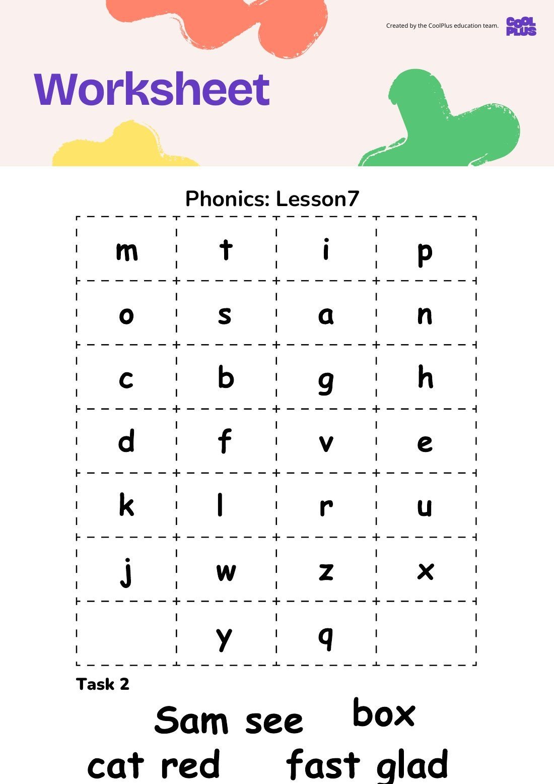 First page of Systematic Synthetic Phonics Instruction: Lesson 7 Worksheet
