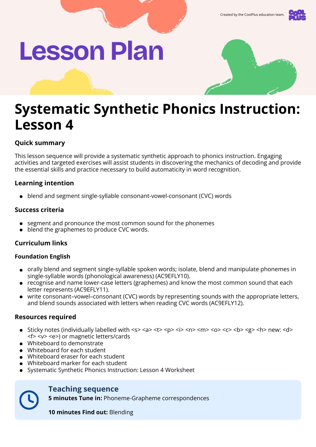 First page of Systematic Synthetic Phonics Instruction: Lesson 4 Worksheet