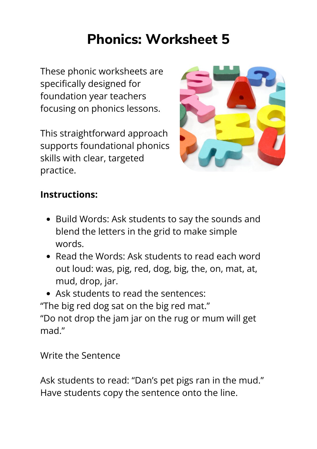 First page of Phonics Sheet 5 Digital Worksheet