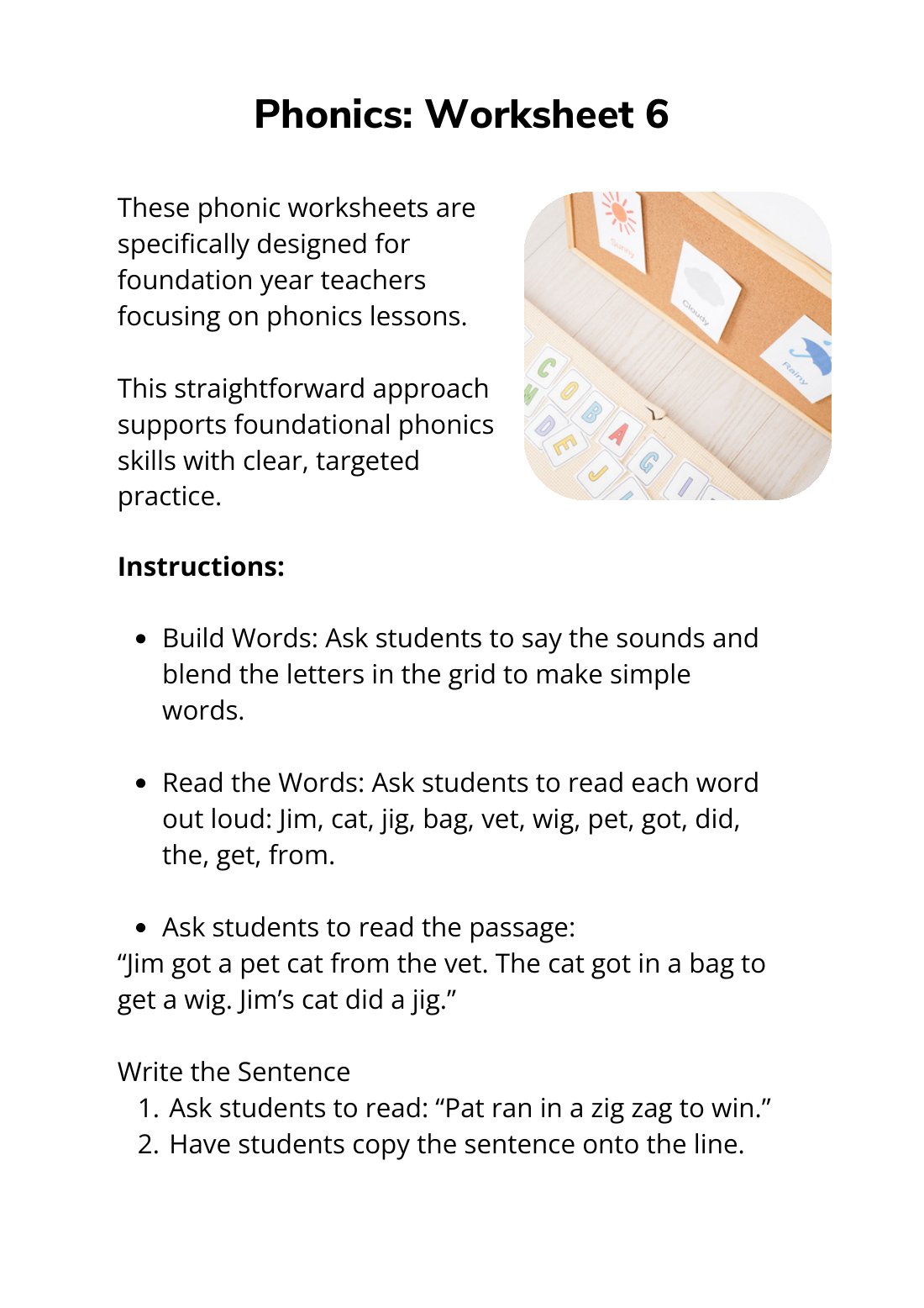 First page of Phonics Sheet 6 Digital Worksheet
