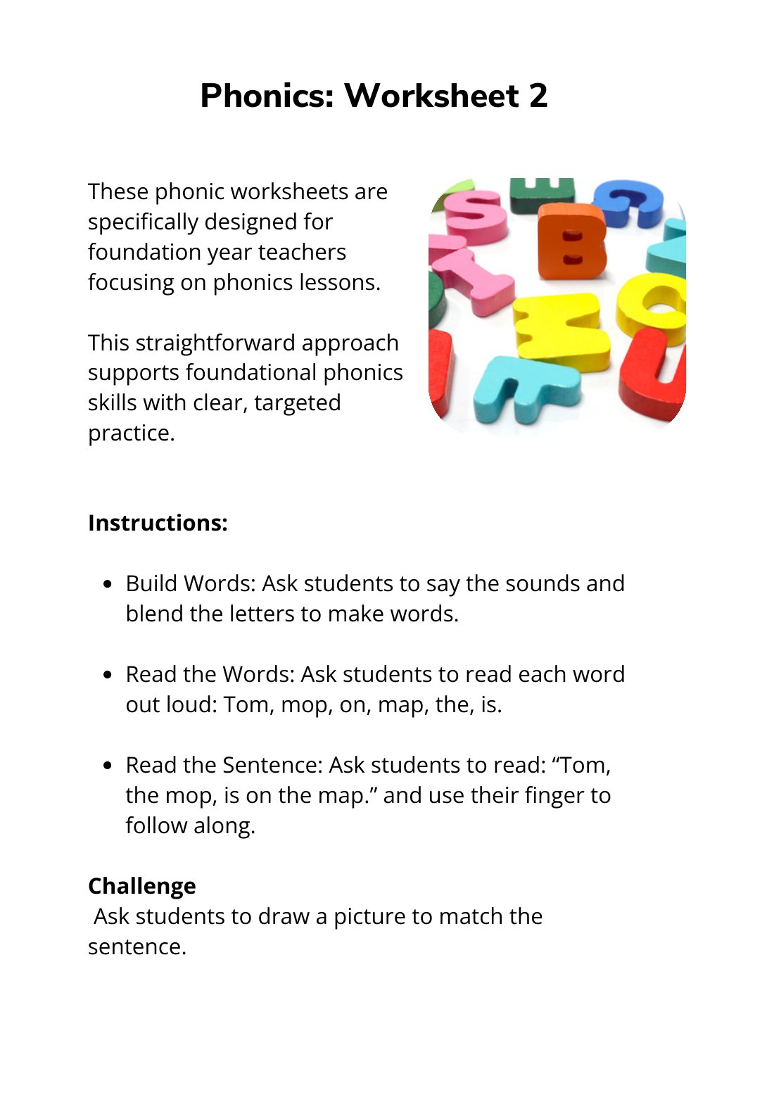 First page of Phonics Sheet 2 Digital Worksheet