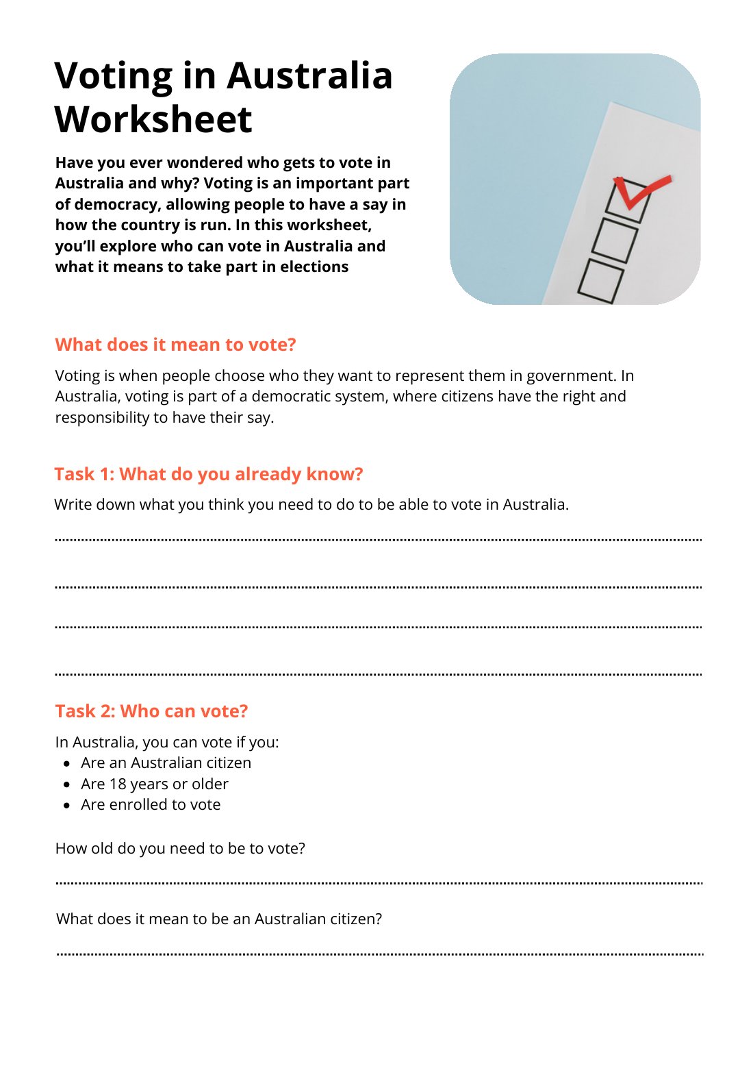 First page of Voting in Australia Worksheet