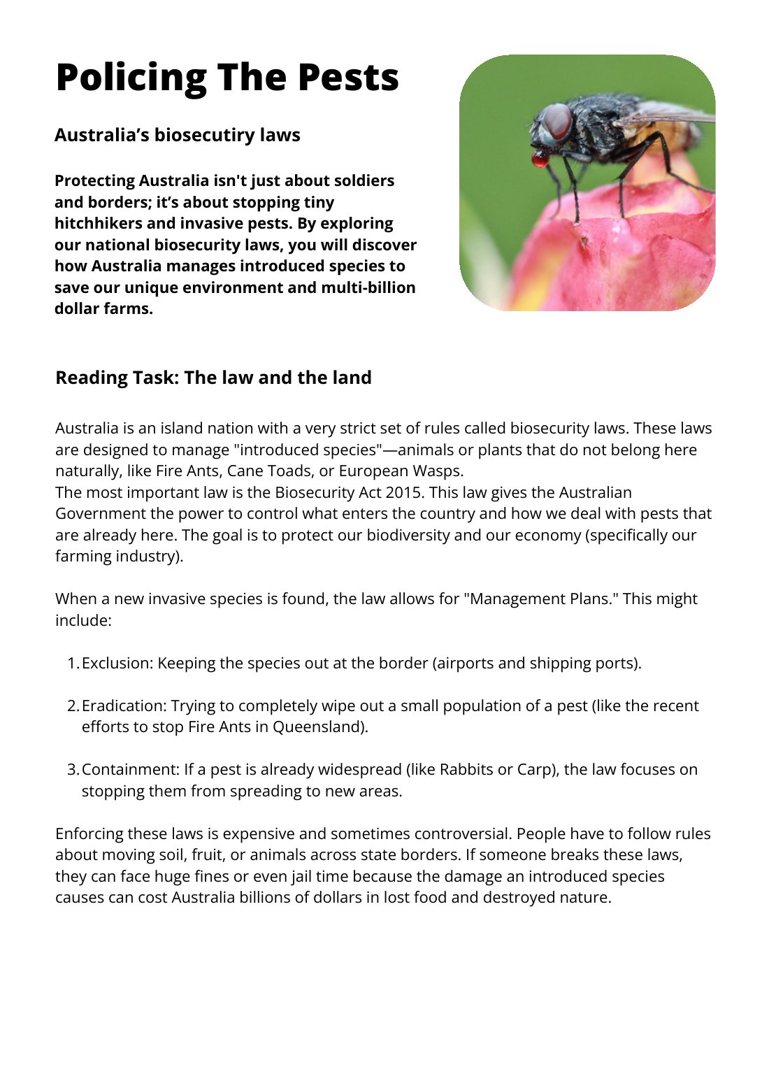 First page of Policing the Pests Worksheet