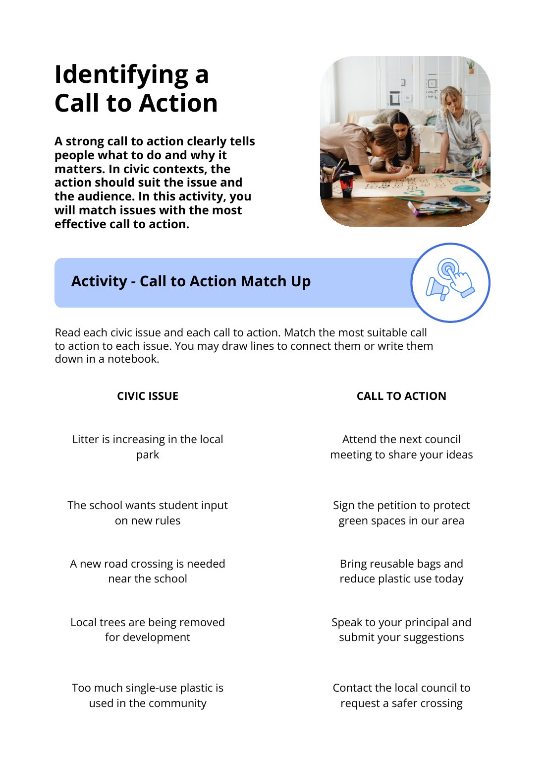First page of Identifying a Call to Action Worksheet