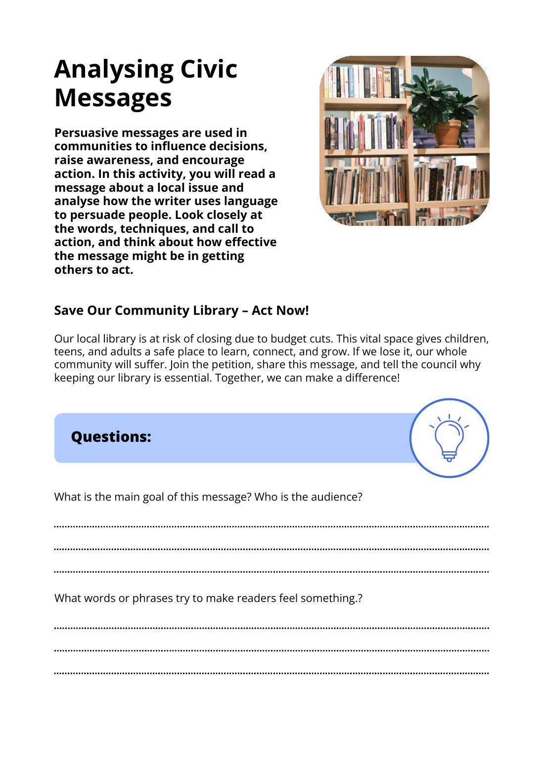 First page of Analysing Civic Messages Worksheet