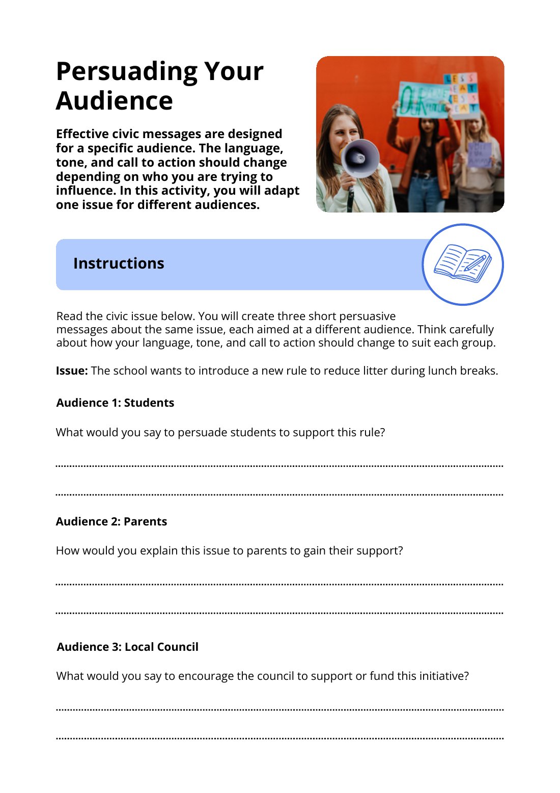 First page of Persuading Your Audience Worksheet