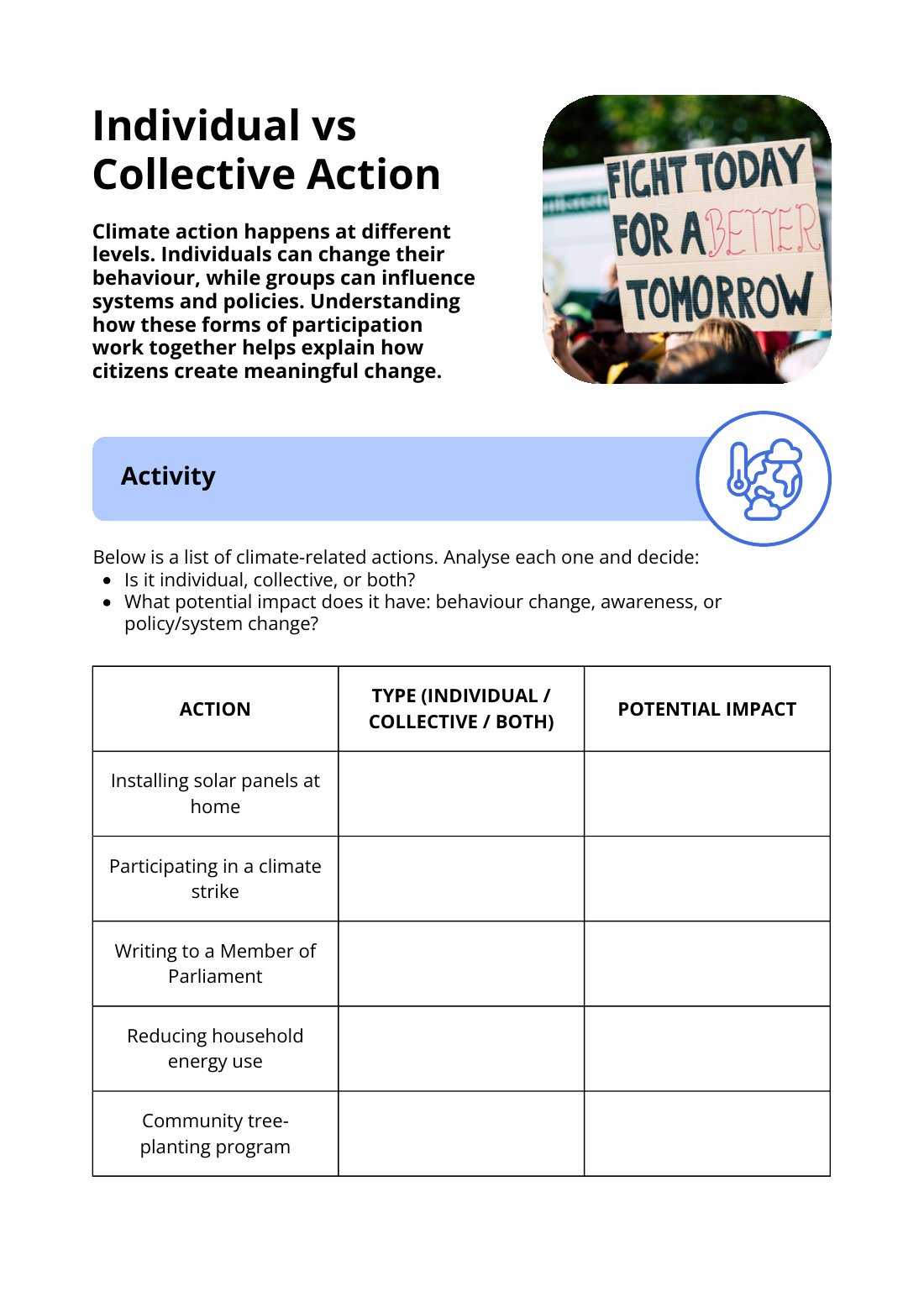 First page of Individual vs Collective Action Worksheet