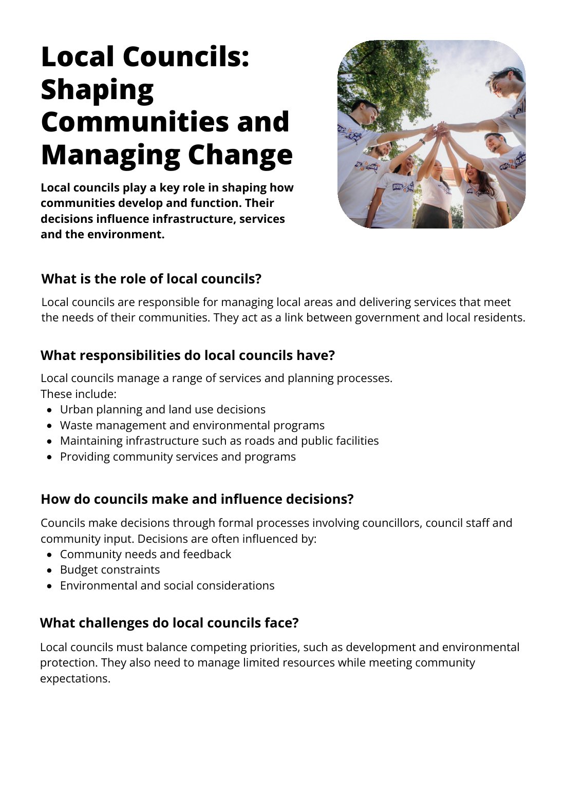 First page of Local Councils: Shaping Communities and Managing Change Worksheet