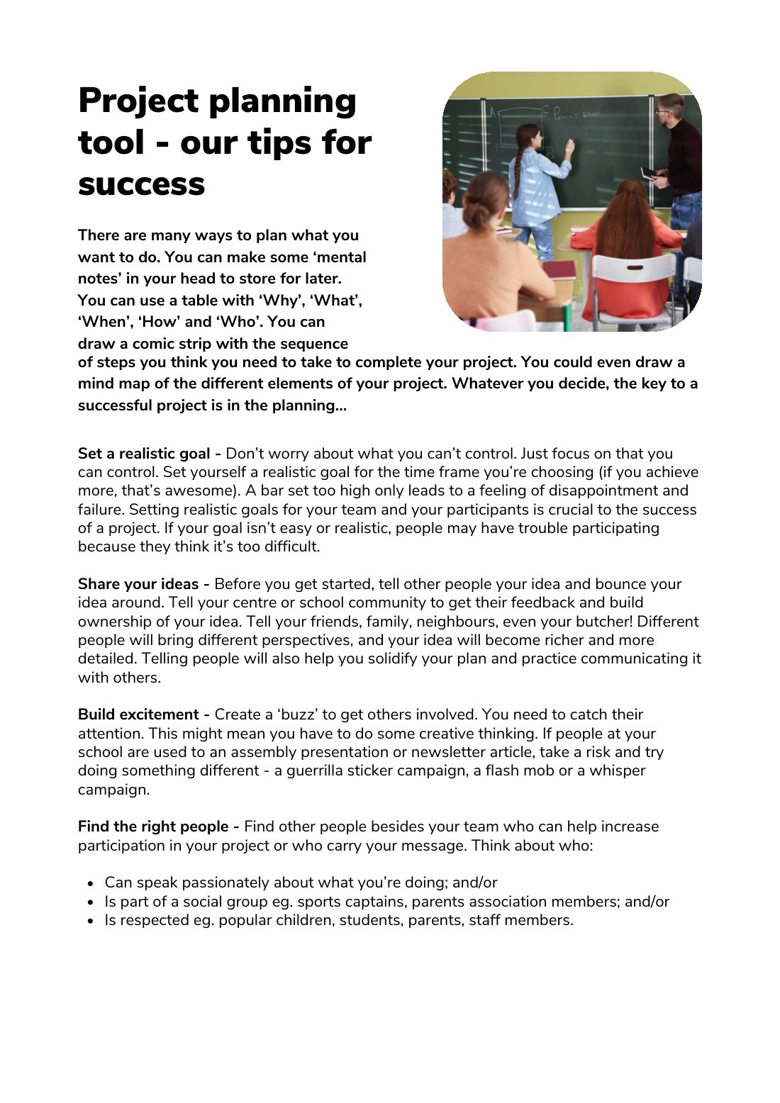 First page of Project Planning Tool Our Tips for Success Worksheet