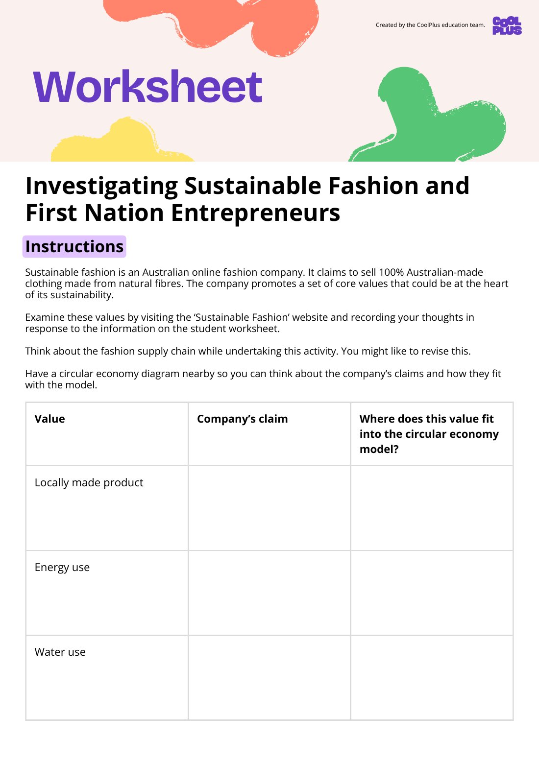 First page of Investigating Sustainable Fashion and First Nation Entrepreneurs Worksheet