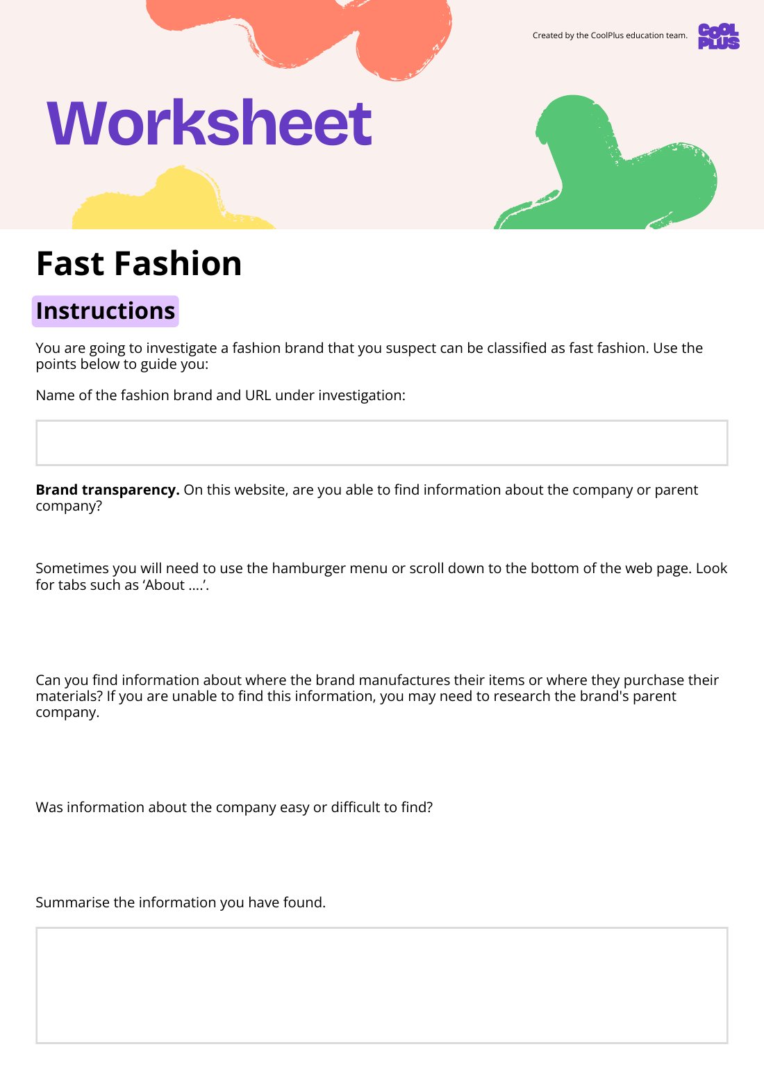 First page of What is Fast Fashion Student Worksheet