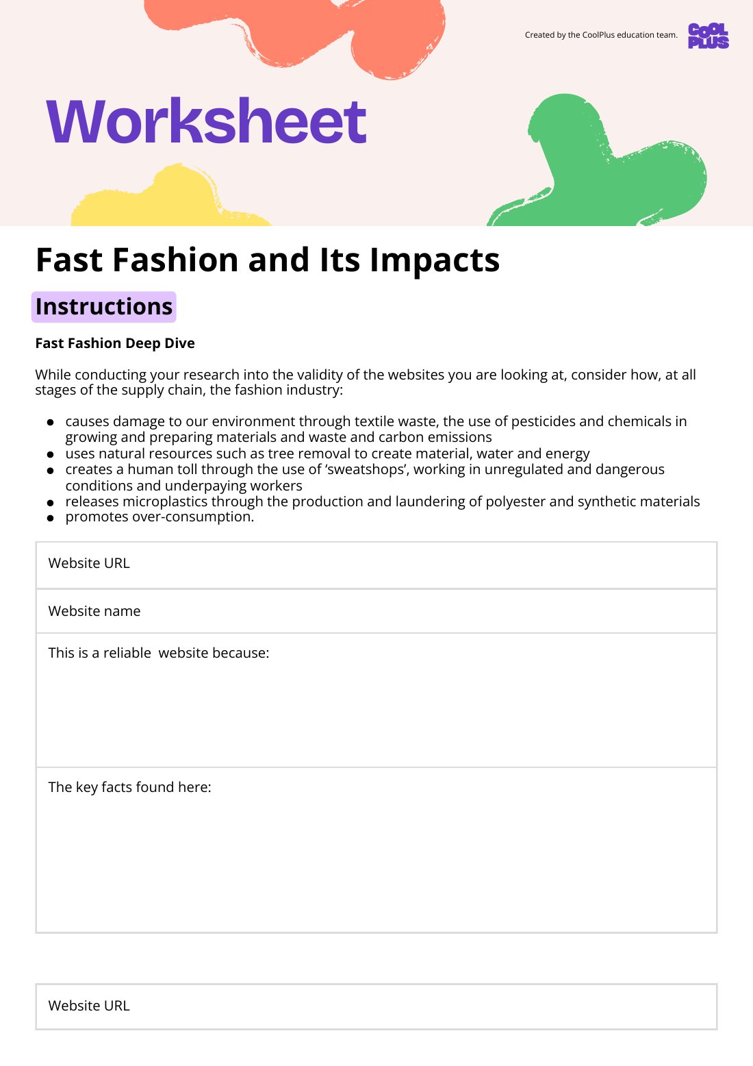 First page of Fast Fashion and its Impacts Worksheet