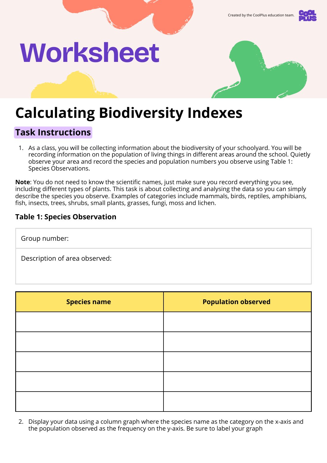 First page of Calculating Biodiversity Indexes Worksheet